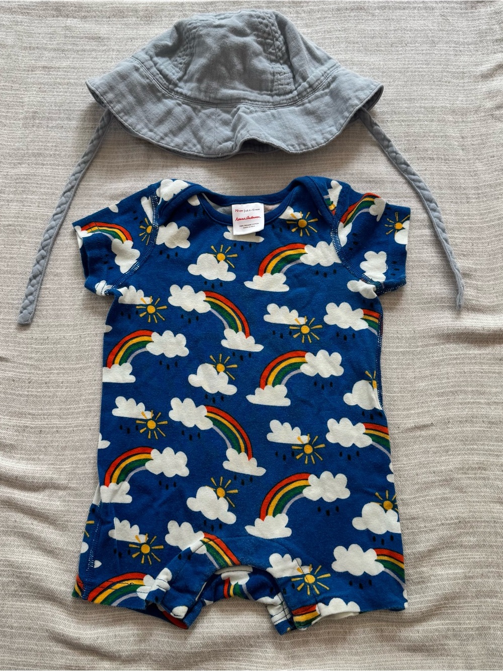Hanna Andersson Blue Rainbow & Cloud Shortie Romper with Gray Sun Hat